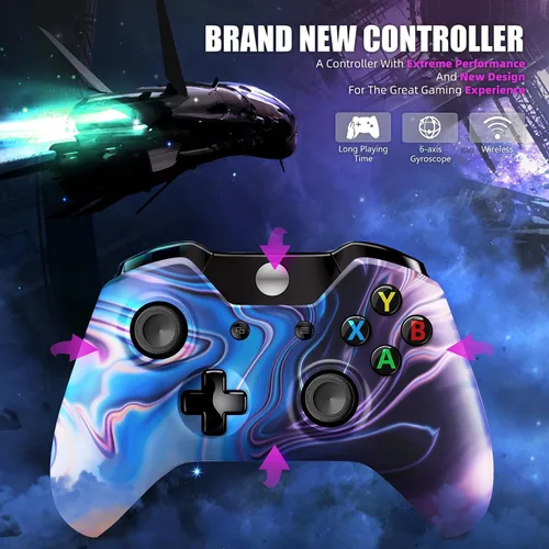 Vista 7 de Isferch Wireless Controller Compatible with Xbox One Design Blue & Purple Swirl Model for All Xbox One Models, Series XS and PC Windows with 3.5mm