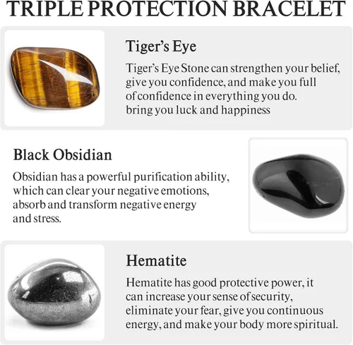 Vista 3 de Denchy Triple Protection Bracelet, Tigers Eye - Black Obsidian and Hematite Beaded Bracelets for Men Women, Tourmaline Spiritual Natural Crystal