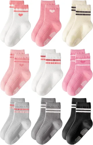 Vista 7 de HONGTEYA 9 pares de calcetines para niños pequeños, calcetines antideslizantes de algodón para bebés con agarres de 0 a 5 años