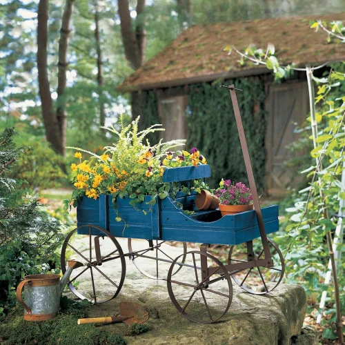 Vista 3 de Carreta Amish decorativa, maceta de jardín de atrás de interior y exterior, Azul
