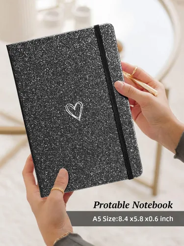 Vista 4 de Bling - Cuaderno A5, cuaderno rayado A5, bloc de notas para niñas y mujeres, bonito diseño de corazón con purpurina, cuaderno de tapa dura con rayas