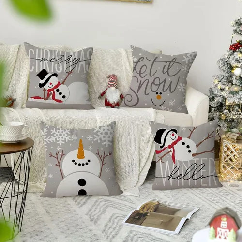 Vista 4 de Fundas de almohada navideñas de muñeco de nieve de 18 pulgadas, 4 piezas, decoraciones festivas para el hogar (4 piezas mixtas)