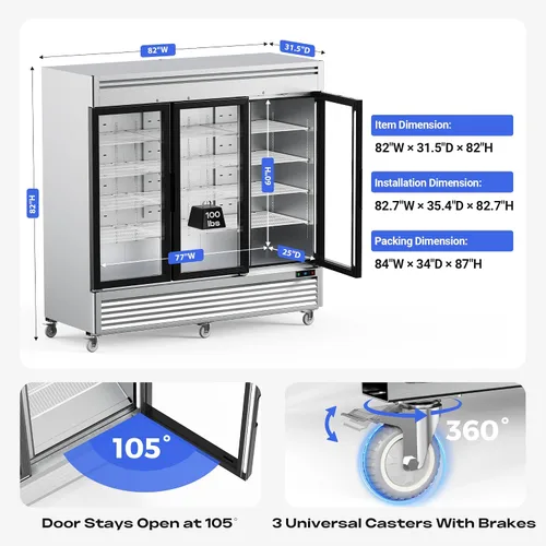 Vista 7 de Coolake Congelador comercial de 82 pulgadas, 3 puertas de vidrio, 72 pies cúbicos de acero inoxidable con luz LED, ventilador de -8 a 0 ℉