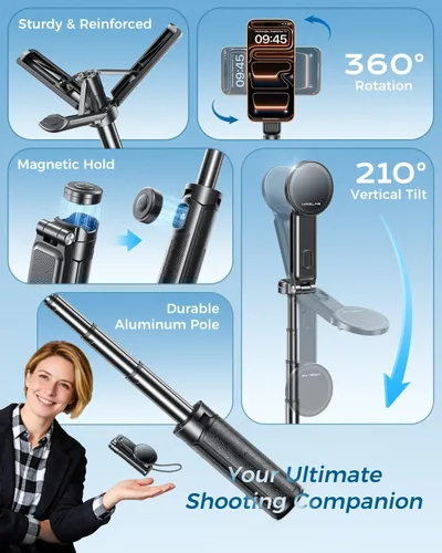 Vista 8 de Trípode magnético para teléfono de 17 pulgadas y palo selfie para iPhone Android, trípode de viaje de 4.5 pulgadas con control remoto inalámbrico