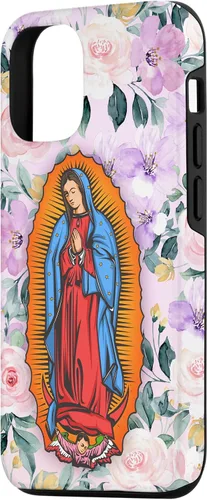 Vista 2 de Funda para iPhone 14 Virgen de Guadalupe versión flores rosas