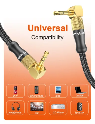 Vista 2 de VANAUX Cable auxiliar de ángulo recto de 90 grados macho a macho de 0.138 in, cable auxiliar estéreo compatible con laptop, teléfono inteligente