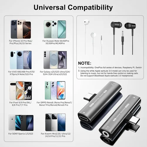 Vista 6 de Adaptador de auriculares USB C, adaptador 2 en 1 de USB C a conector de auriculares de 3,5 mm HiFi DAC con adaptador dongle de carga rápida de 27W