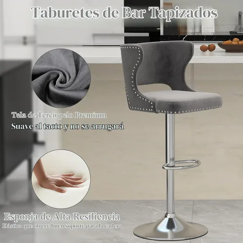 Vista 5 de Juego de 2 taburetes de bar giratorios de terciopelo gris, sillas Beige (dorado)