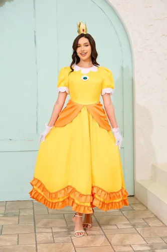 Vista 2 de LILLIWEEN Vestidos de princesa para mujer, disfraz de princesa, Halloween, conjunto completo con corona y aretes y guantes (talla EE. UU.)