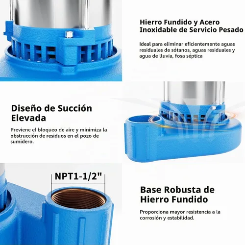 Vista 5 de FOTING 1HP 6000 GPH Bomba sumergible de aguas residuales/efluentes – Hierro fundido resistente – Bomba séptica de 115 V para cuenca de sumidero