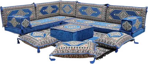 Vista 82 de arabicsofa Juego de asientos Jalsa en forma de L – Majlis árabe hecho a mano con almohadas de respaldo