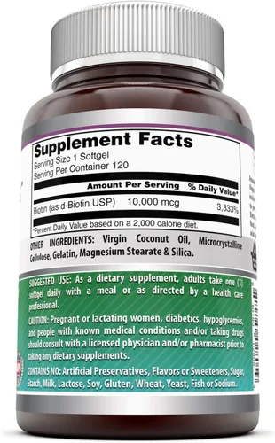 Vista 2 de Amazing Formulas Biotina con suplemento de aceite de coco orgánico extra virgen, 10000 Mcg, cápsulas blandas, sin OMG, sin gluten, fabricado