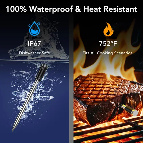 Vista 6 de BFOUR Termómetro inalámbrico para carne Bluetooth con base digital independiente, rango ilimitado WiFi, sensor de precisión 6, impermeable IP67