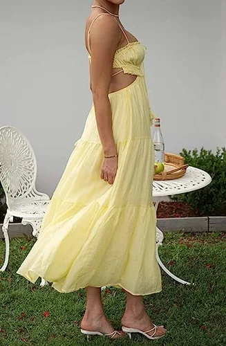 Vista 5 de Vestido sexy de corte bajo con tirantes delgados para mujer, vestido largo sin mangas, sin espalda, vestido largo para salir, fiesta, club