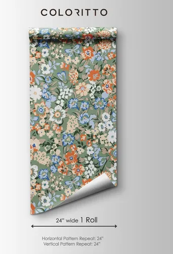Vista 5 de Papel tapiz floral retro colorido, papel tapiz botánico autoadhesivo extraíble, papel tapiz floral para despegar y pegar