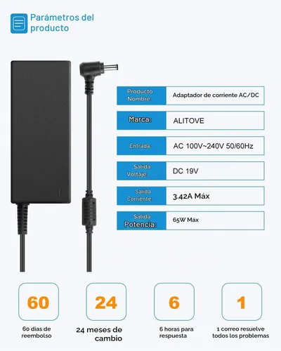 Vista 2 de ALITOVE Adaptador de fuente de alimentación de 19V 3.42A 65W AC/DC Transformador Convertidor 100V ~ 240V Entrada de CA con enchufe de 0.217 inx