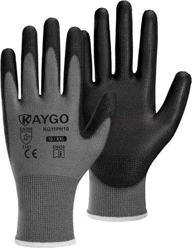 Vista 90 de KAYGO KG11PB - Guantes de trabajo de seguridad con revestimiento de poliuretano, 12 pares de guantes de punto sin costuras para hombres y mujeres