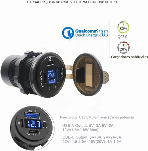 Vista 3 de Toma de corriente USB de 12 V, enchufe de cargador de coche USB C dual y puerto de carga rápida 3.0 con voltímetro e interruptor de alimentación