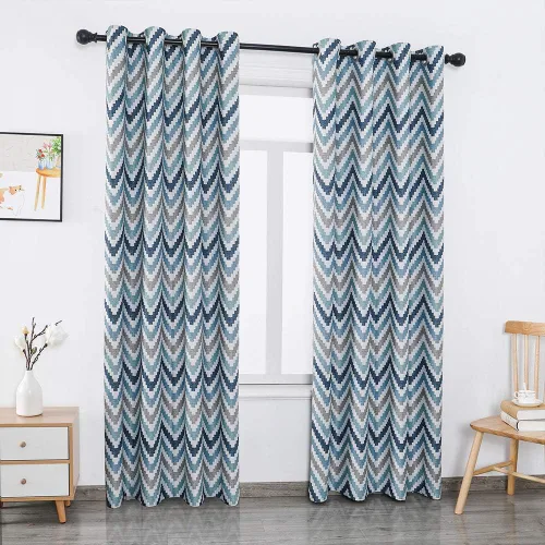 Vista 2 de Autumn Dream Cortinas opacas con ojales en la parte superior de Chevron Bohemia para sala de estar, 52 x 63 pulgadas, azul, 1 panel