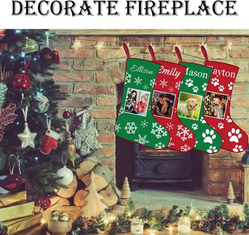 Vista 6 de Calcetines de Navidad personalizados con foto de nombre, imagen de perros y mascotas, patas de perro, calcetines de Navidad, decoración colgante