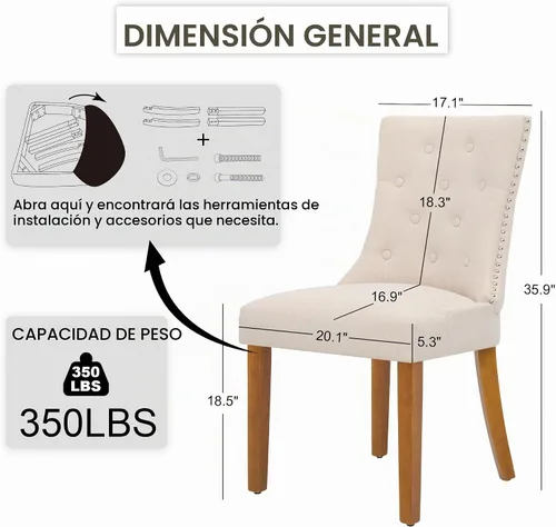 Vista 2 de Juego de 2 sillas de comedor modernas con respaldo, color beige