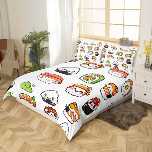 Vista 2 de Feelyou Juego de ropa de cama con patrón de sushi, funda de edredón de estilo japonés para niños, niñas, adolescentes, funda de edredón con temática