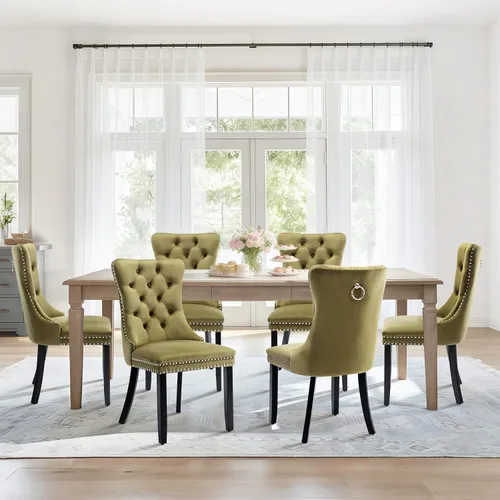 Vista 32 de Juego de 2 sillas de comedor de terciopelo con patas de madera, color beige Mid Century Modern Dining Chairs,Upholstered Chairs with Nailhead