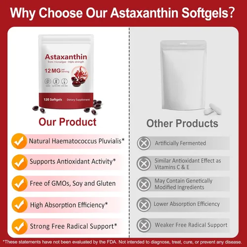 Vista 6 de Suplementos de Astaxantina 12 mg - 120 cápsulas blandas Antioxidante natural premium de microalgas Apoyo para la salud de los ojos, la piel