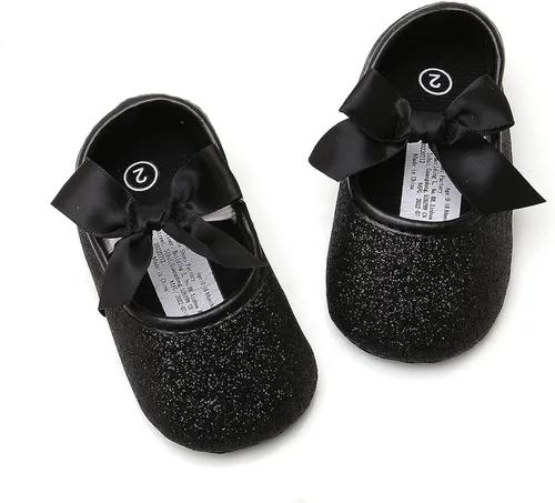 Vista 4 de myppgg Mary Jane - Zapatos planos brillantes con lazo y lazo de princesa, zapatos de cuna antideslizantes para niños pequeños que caminan