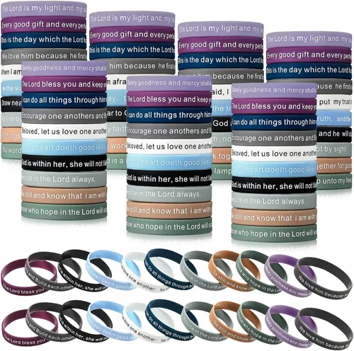 Vista 12 de Estune 120 pulseras con versículo bíblico, pulseras cristianas, color azul