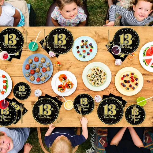 Vista 5 de Juego de vajilla de 96 piezas para cumpleaños número 13, platos desechables oficiales para adolescentes de 13 años, platos de fiesta de cumpleaños