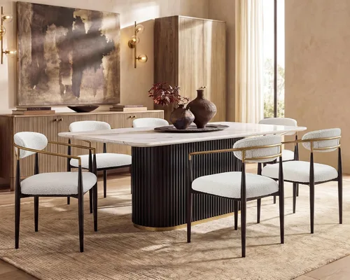 Vista 14 de Juego de mesa de comedor moderno Morden Fort para 4, mesa de cocina de 70" con tapa rectangular de mármol y base estriada negra, 4 sillas tapizadas