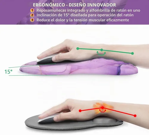 Vista 4 de Alfombrilla ergonómica para mouse con reposamuñecas, espuma viscoelástica de 15°, base de poliuretano antideslizante Mouse Pad15° Ergonomic Tilt