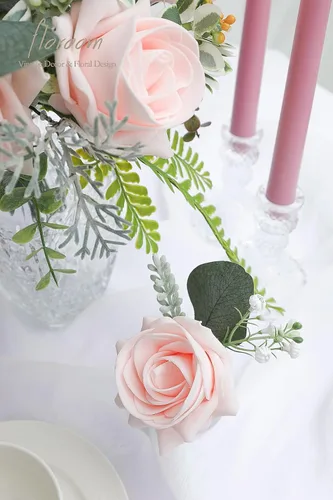 Vista 3 de Floroom Flores artificiales, 20 unidades, rosas falsas de espuma de alto centro con tallo para ramos de boda, centros de mesa de despedida de Blush