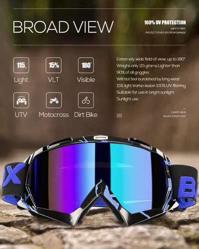 Vista 4 de BATFOX Gafas de Motocicleta Gafas Protectoras Moto de Cross Motocross Seguridad ATV Táctica Conducción (Azul Negro, Adulto)