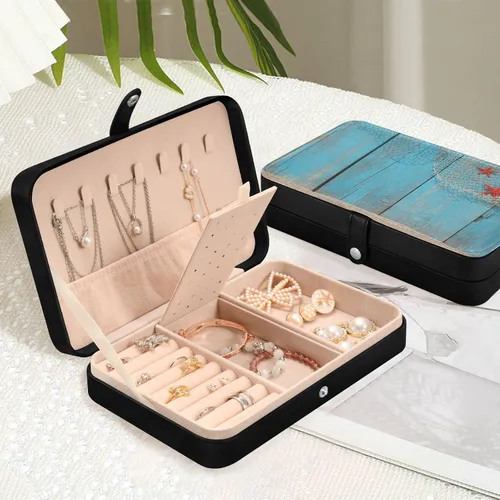 Vista 6 de Red de pesca con diseño de estrellas de mar rojas, caja de joyería de viaje de madera azul vieja para mujeres y niñas, organizador de joyas pequeño