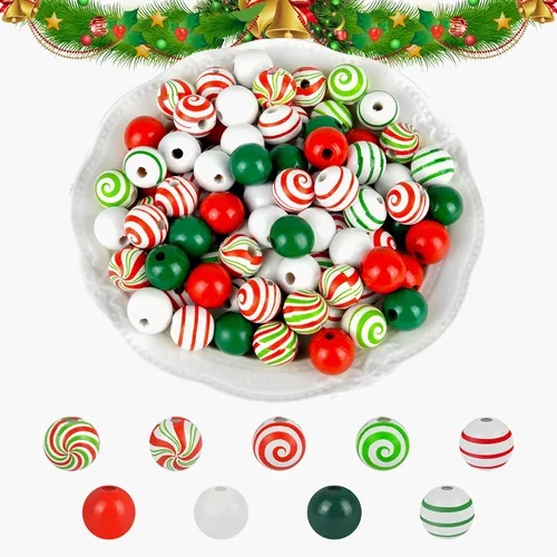 Vista 8 de 240 cuentas de madera de Navidad de bastón de caramelo, cuentas de madera de remolino de menta de Navidad, cuentas redondas de 0.630 in para Navidad