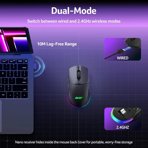 Vista 4 de acer Mouse inalámbrico para juegos para laptop, 24,000 DPI con cable para juegos de computadora con 8 botones programables, mano izquierda
