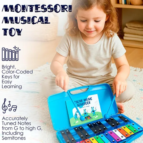 Vista 3 de MINIARTIS Glockenspiel Xilófono Xilófono de 25 notas con teclas metálicas coloridas para niños Instrumento musical de percusión Juguete