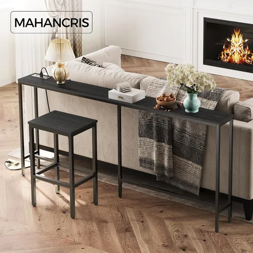 Vista 4 de MAHANCRIS Mesa consola de 70.9 pulgadas con toma de corriente, mesa de sofá estrecha, mesa de entrada industrial con puertos USB, detrás del sofá