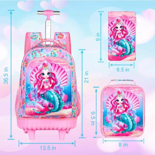 Vista 4 de gxtvo Mochila con ruedas de 3 piezas para niños, bonita mochila escolar con ruedas, resistente al agua para escuela primaria, Juego rodante sirena