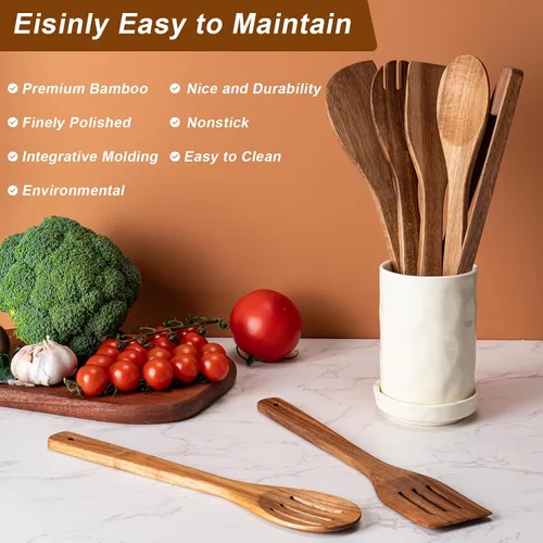Vista 4 de Eisinly Cucharas de madera para cocinar, 7 piezas, juego de utensilios de cocina de madera antiadherentes, cuchara de espátula de madera duradera