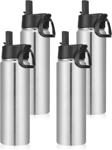 Vista 22 de Neihepal Botellas de agua aisladas de 22 onzas con tapa con popote a prueba de fugas, botella de agua de acero inoxidable de doble pared de boca