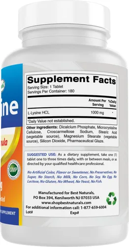 Vista 6 de Best Naturals L-Lisina 1000mg 180 Tabletas - Lisina de Doble Fuerza para una Salud Inmune Más Fuerte y para el Herpes Labial