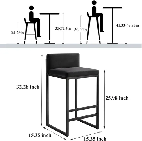 Vista 3 de Juego de 1/2 taburetes de bar, sillas de bar tapizadas de terciopelo con reposapiés, taburetes de encimera de cocina, marco de hierro de metal negro