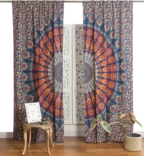 Vista 18 de Popular Handicrafts - Paneles de cortina estilo Indio Hippie Bohemio Hermosa Mandala Multicolor Azul Pavo Real