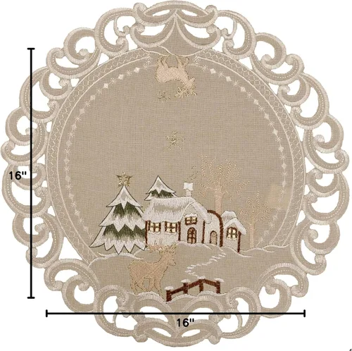 Vista 3 de Mantel individual bordado rústico beige para Navidad, invierno, nieve, mantel individual (16 pulgadas, redondo)