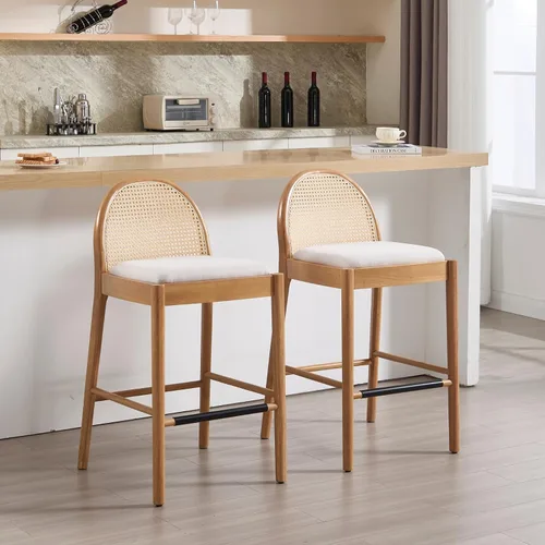 Vista 28 de HEAH-YO Taburetes de bar de ratán, juego de 2, taburetes de barra de 26 pulgadas de altura de mostrador con respaldos de ratán y patas de madera