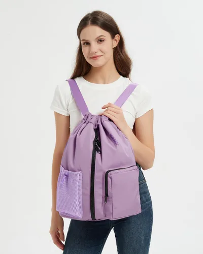 Vista 5 de WANDF Mochila deportiva con cordón y compartimento para zapatos, resistente al agua, bolsa de natación para mujeres y hombres (morado lila)
