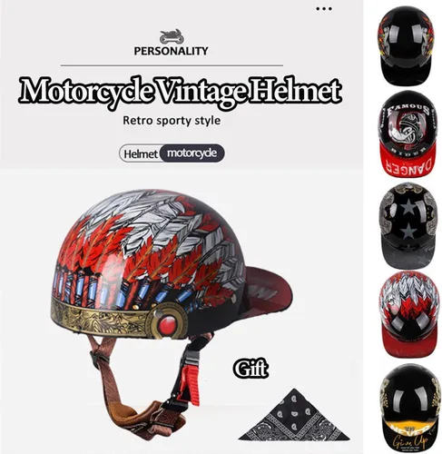 Vista 2 de Medio casco para motocicleta, gorra de béisbol retro, medios cascos con lente desplegable para adultos de calle, para hombres y mujeres